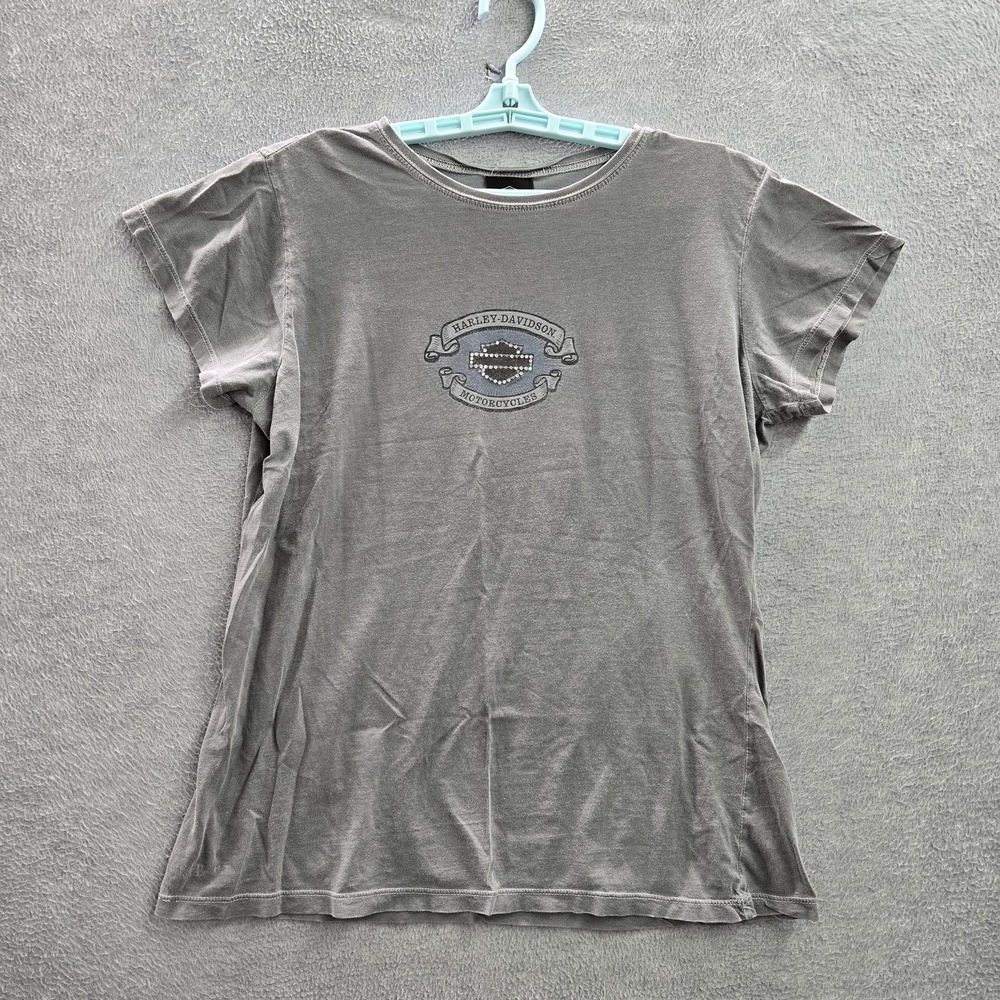 VINTAGE Harley-Davidson Women Shirt XL Gray Rhinestone Grunge Y2K USA READ
